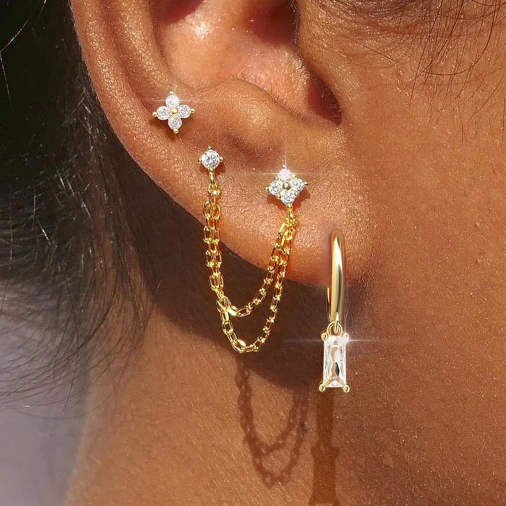 Luxury Gold-Tone Crystal Chain Ear Cuff Earrings Set for Women